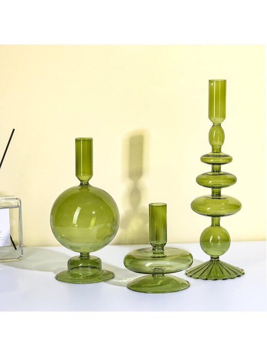 Other - Set of 3 Elegant Green Glass Candle Holders - Stylish Home Decor Accent